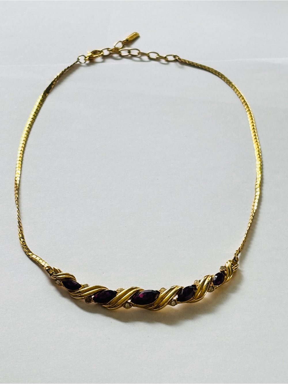Vendome Vintage 70s Signed Gold Tone Herringbone Purple & Clear Rhinestone